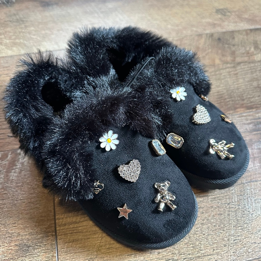 Girls Sugar Kiss Black Faux Fur Slippers with Charms 12 (Toddler Girl)